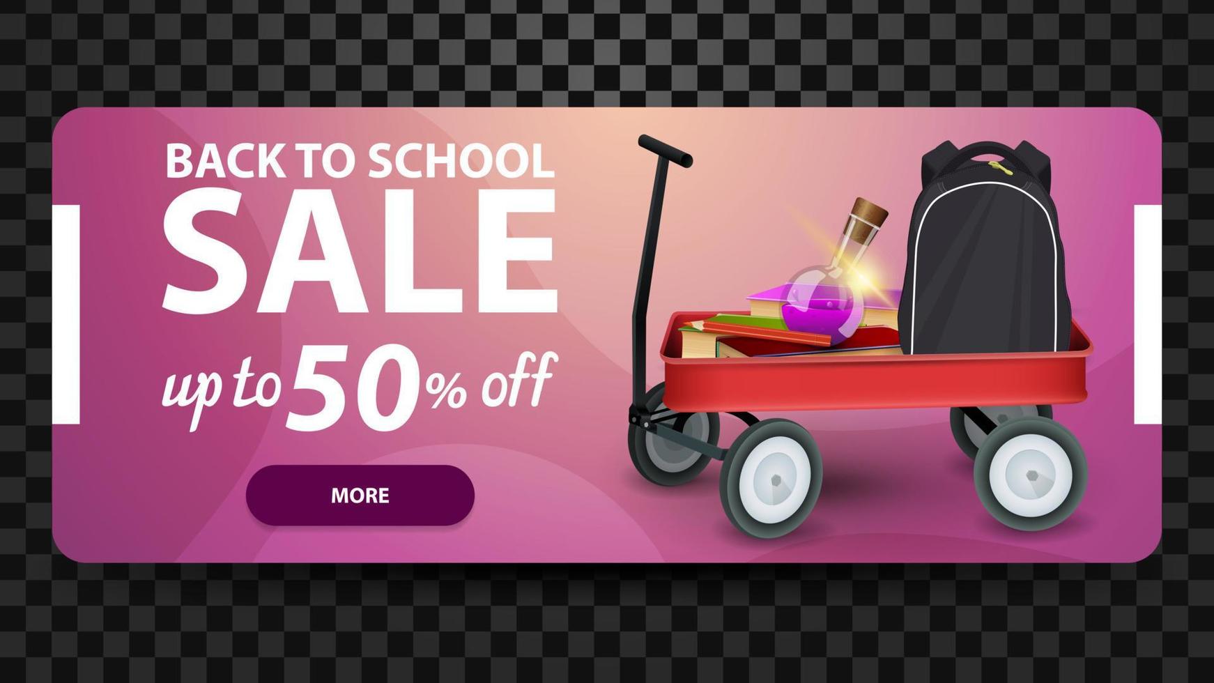 venta de regreso a la escuela, plantilla de banner rosa para su creatividad con un carrito lleno de útiles escolares vector