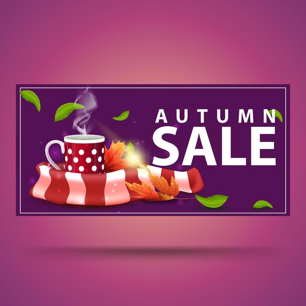 Autumn sale, purple discount banner with mug of hot tea and warm scarf vector