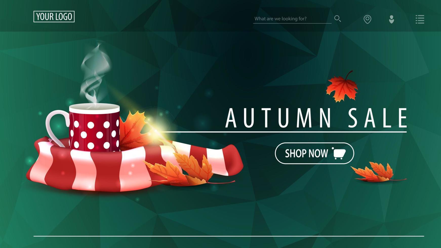 Autumn sale, green discount banner with polygonal texture, mug of hot tea and warm scarf vector