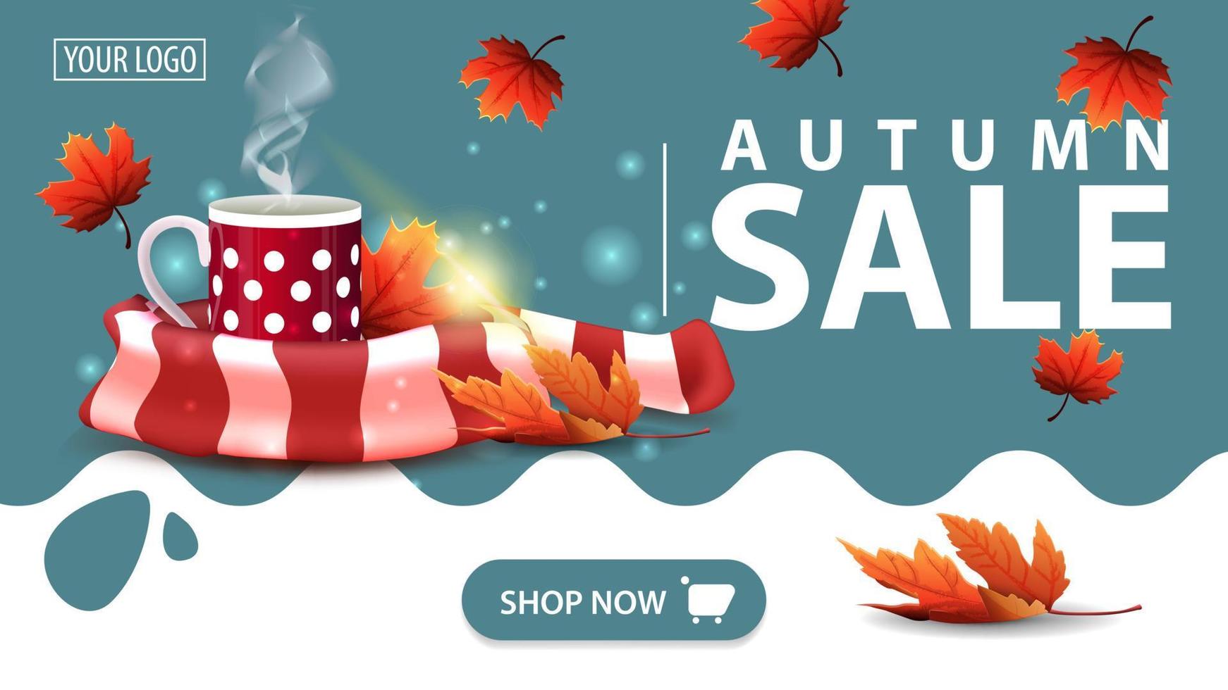 Autumn sale, banner with mug of hot tea and warm scarf vector