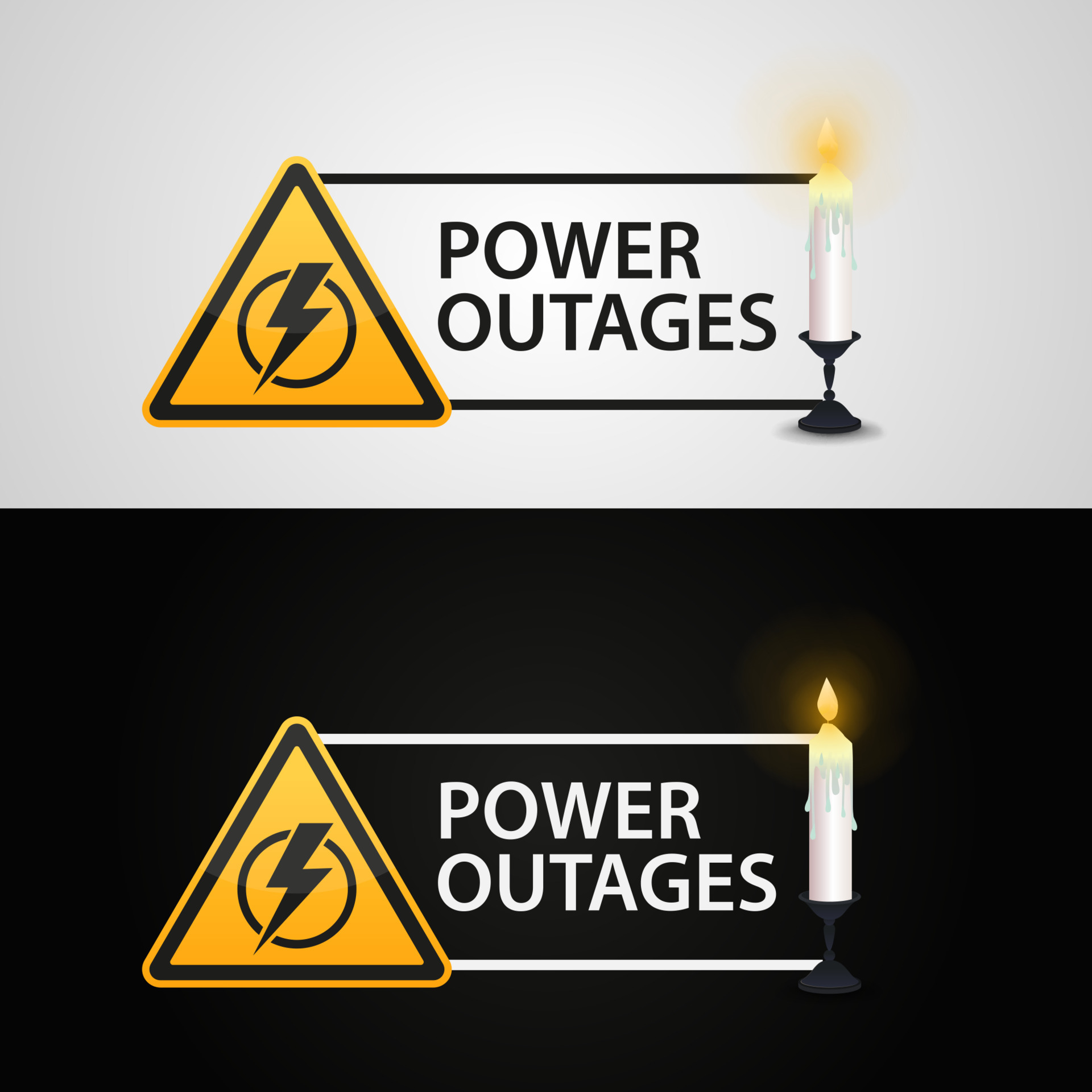 Power outages, banners with candles on a black and white