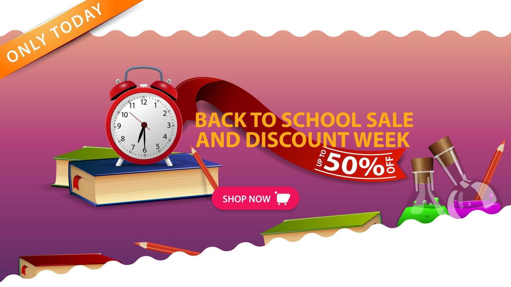 Back to school sale and discount week, pink banner with school books and alarm clock vector