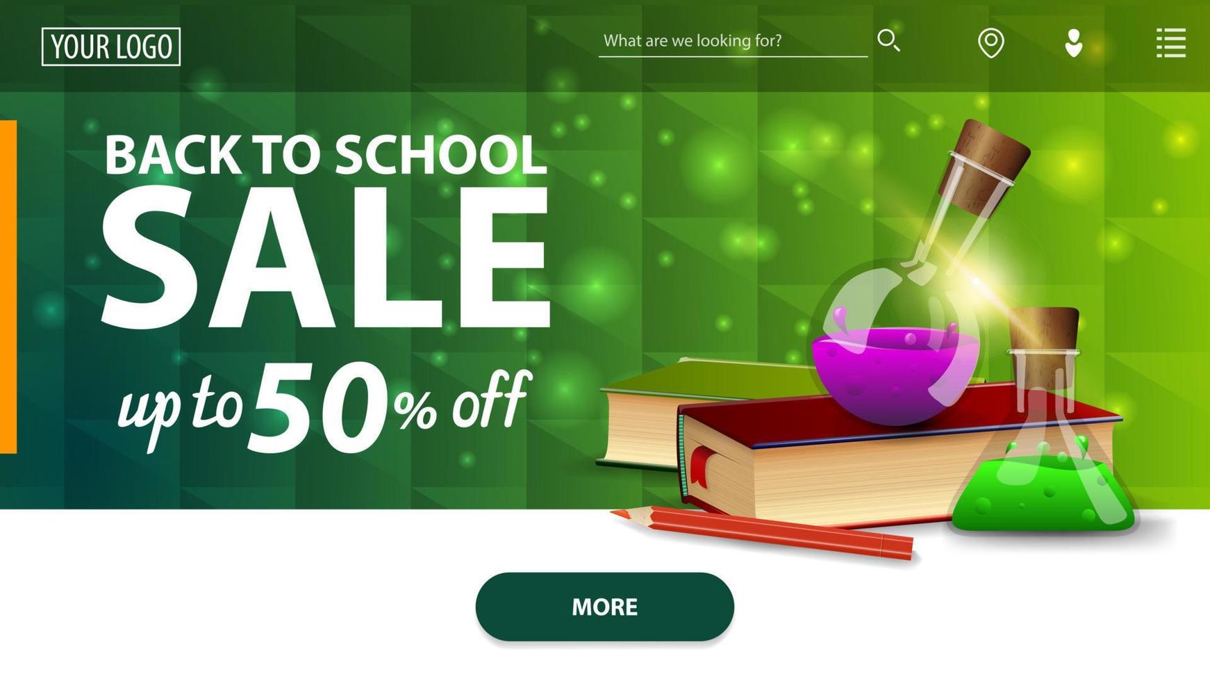 Venta de regreso a la escuela, banner web horizontal verde moderno con libros y frascos químicos vector