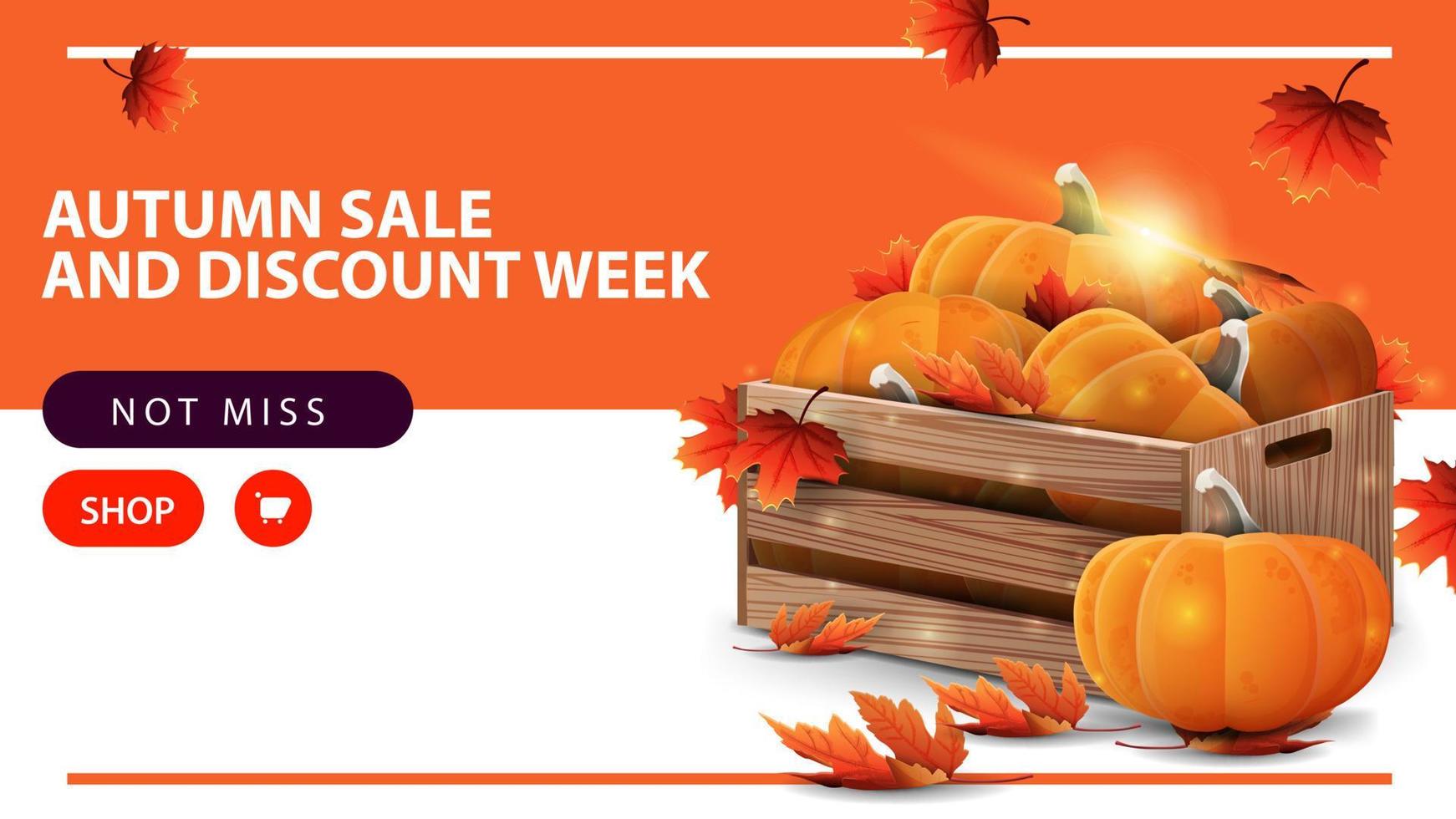 Venta de otoño y semana de descuentos, banner web de descuento horizontal con cajas de madera de calabazas maduras y aleros de otoño vector