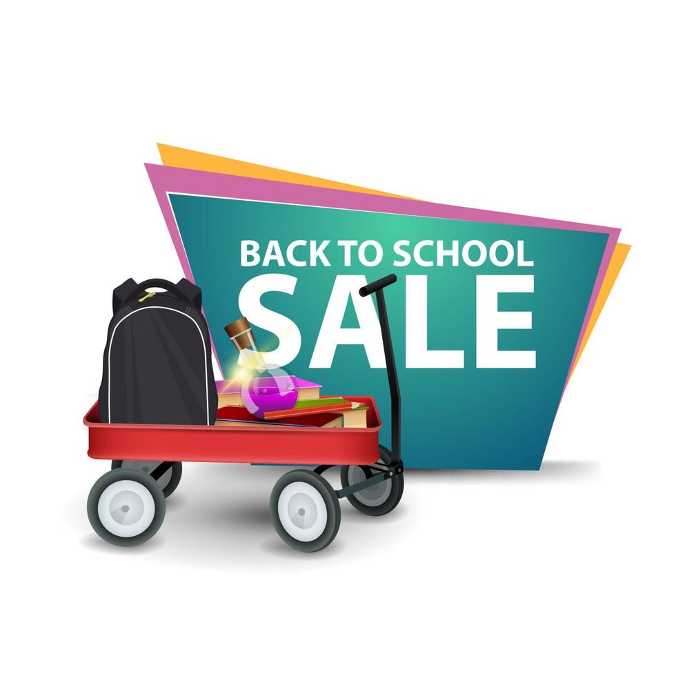 Back to school, polygonal discount green banner with cart full of school supplies vector