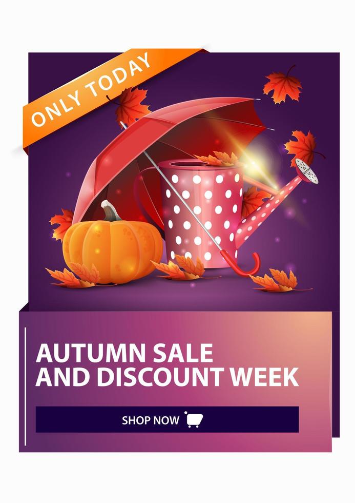 Autumn sale, discount vertical web banner with garden watering can, umbrella and ripe pumpkin vector