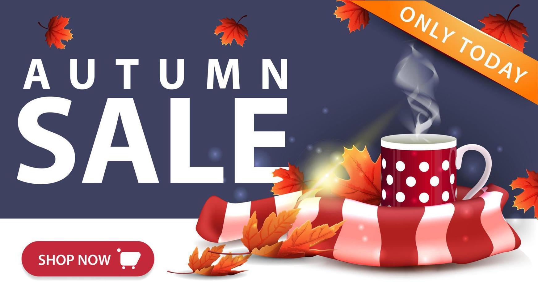 Autumn sale, modern blue discount banner with button, mug of hot tea and warm scarf vector