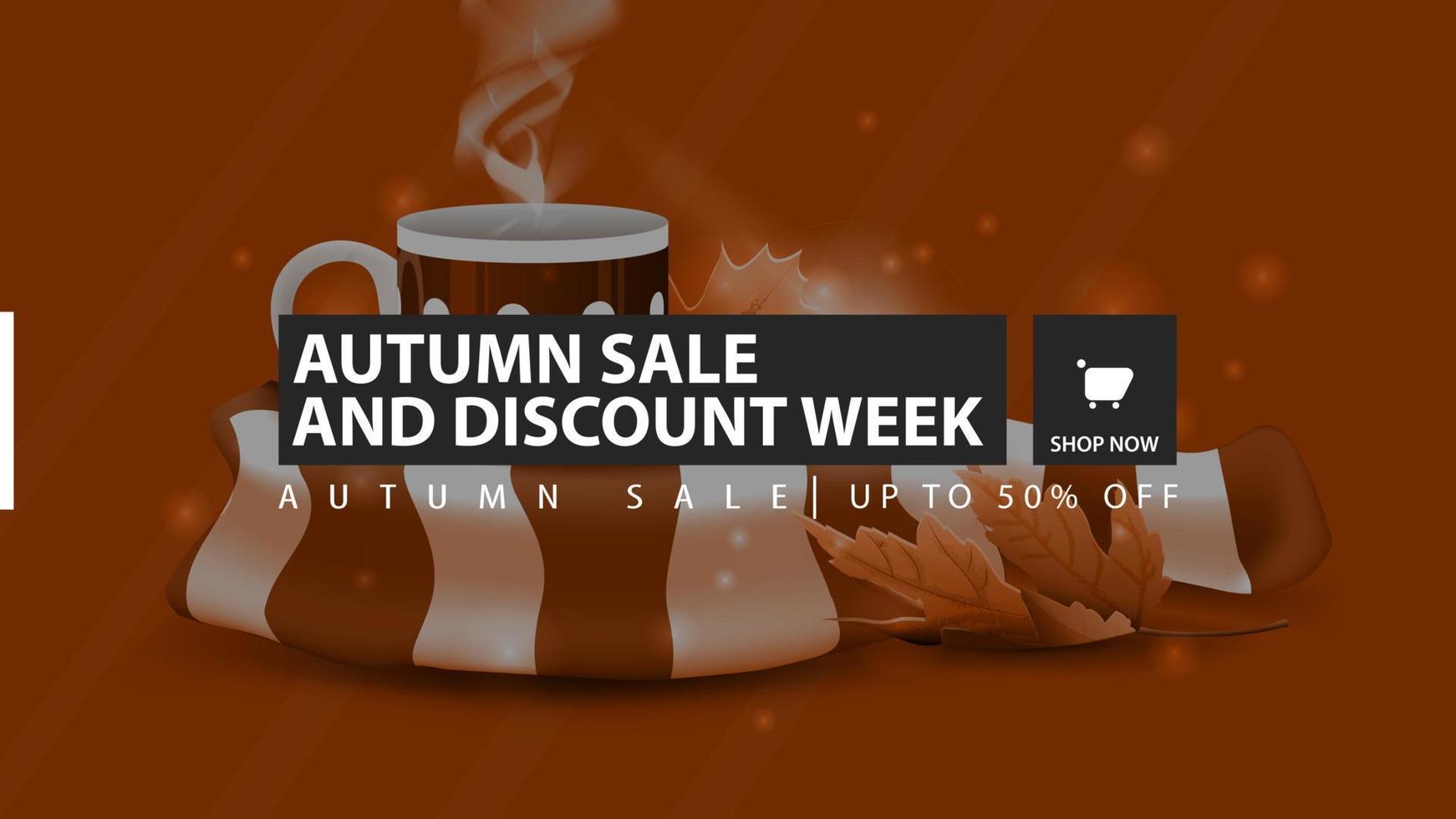 Autumn sale and discount week, orange horizontal discount banner with mug of hot tea and warm scarf on the background vector