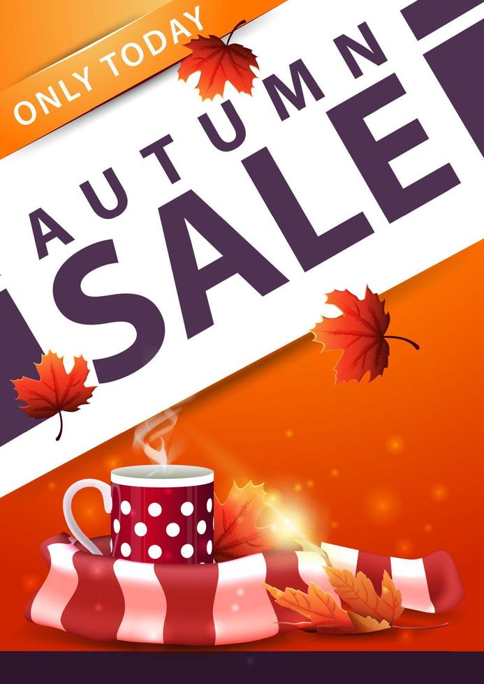 Autumn sale, orange vertical discount banner with mug of hot tea and warm scarf vector