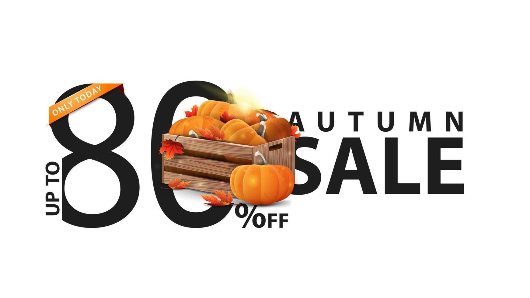 Autumn sale, white banner with 80 off, wooden crates of ripe pumpkins and autumn eaves vector
