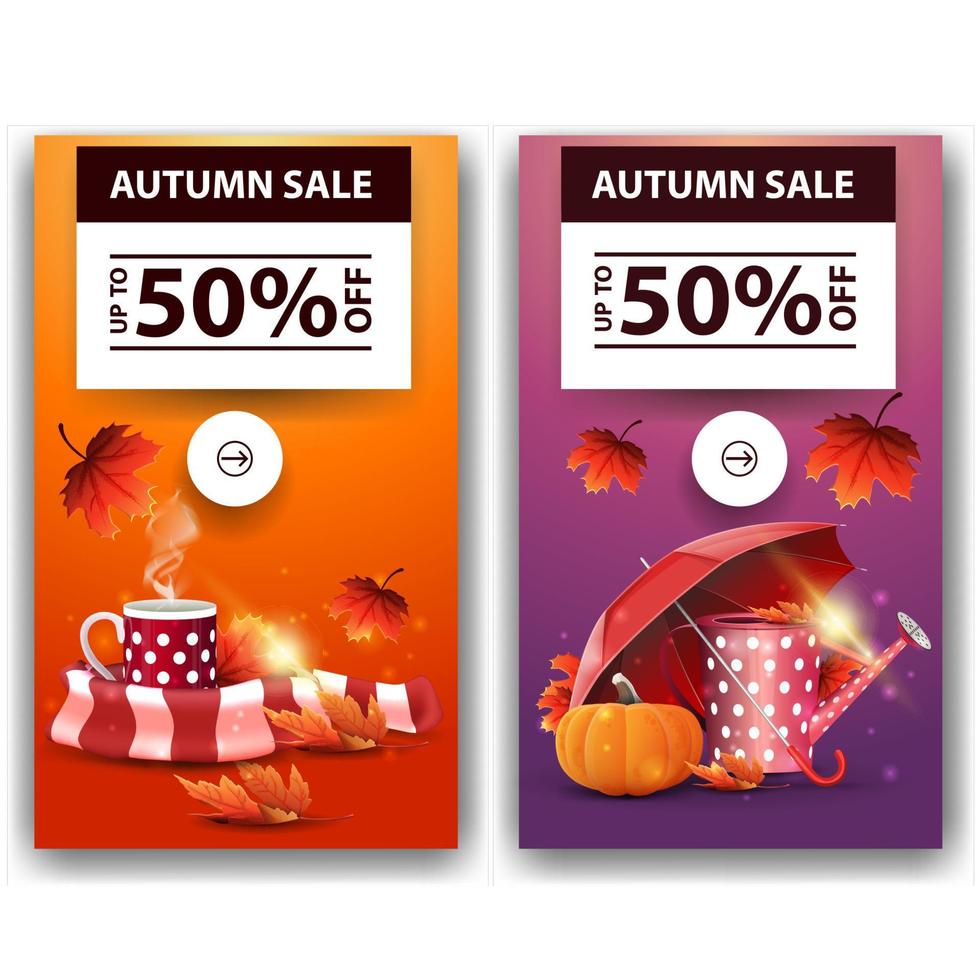venta de otoño, dos pancartas de descuento con taza de té caliente, bufanda caliente, regadera de jardín, paraguas y calabaza madura vector