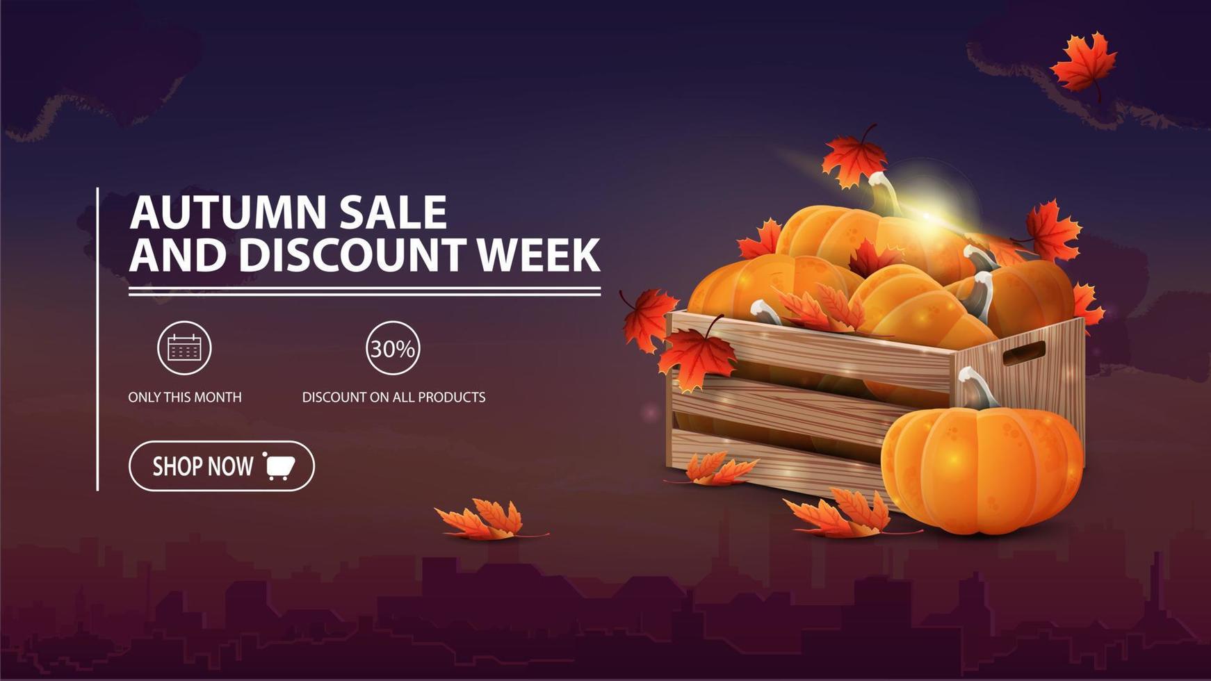Autumn sale and discount week, discount banner with city on background, wooden crates of ripe pumpkins and autumn eaves vector