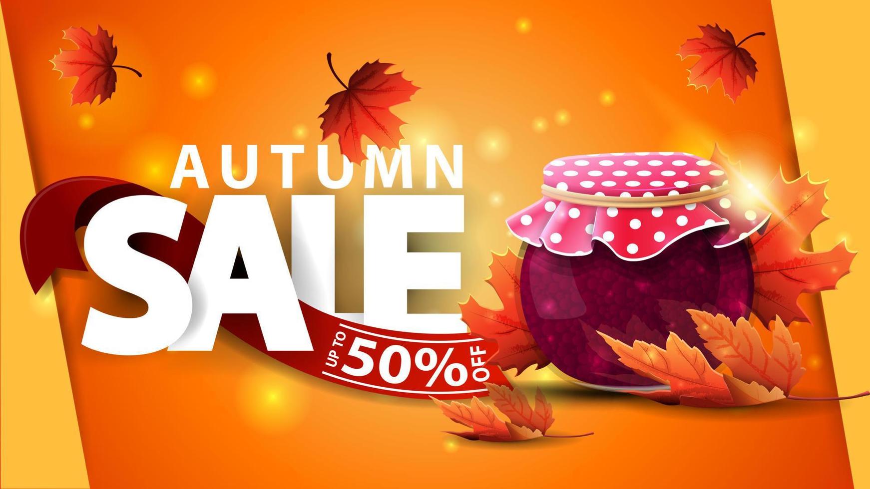 Autumn sale, orange web banner with jar of jam and maple leaves vector