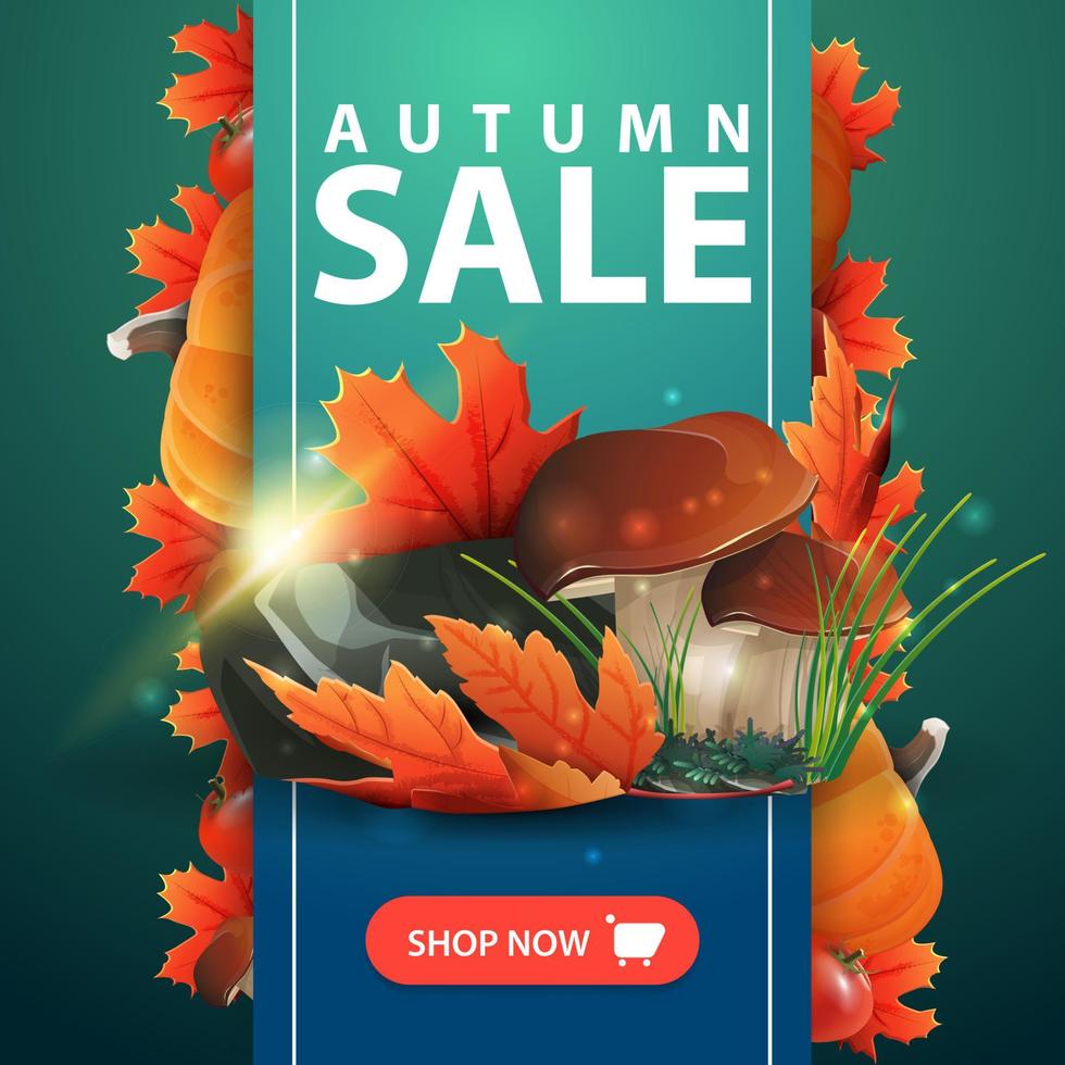 Venta de otoño, banner web con cinta, setas y hojas de otoño. vector