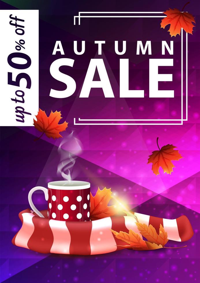 venta de otoño, banner web vertical púrpura con taza de té caliente y bufanda caliente vector
