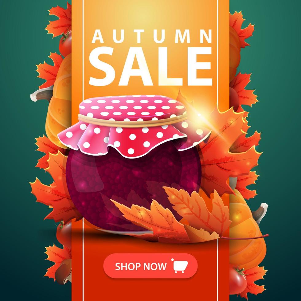 Venta de otoño, banner web con cinta, tarro de mermelada y hojas de arce. vector