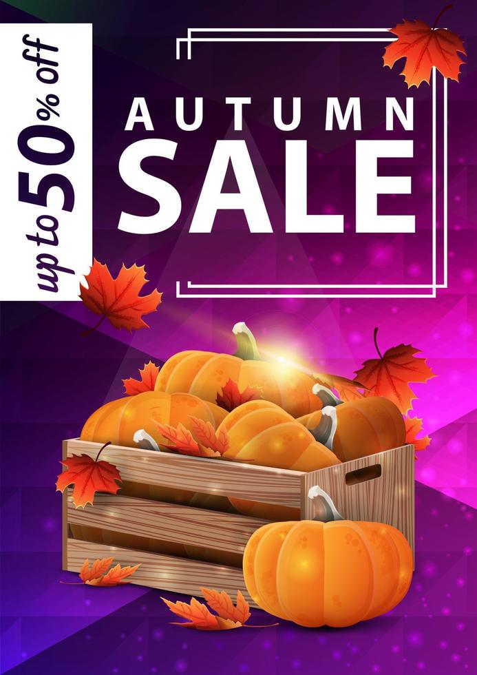 Venta de otoño, banner web vertical púrpura con cajas de madera de calabazas maduras y aleros de otoño vector