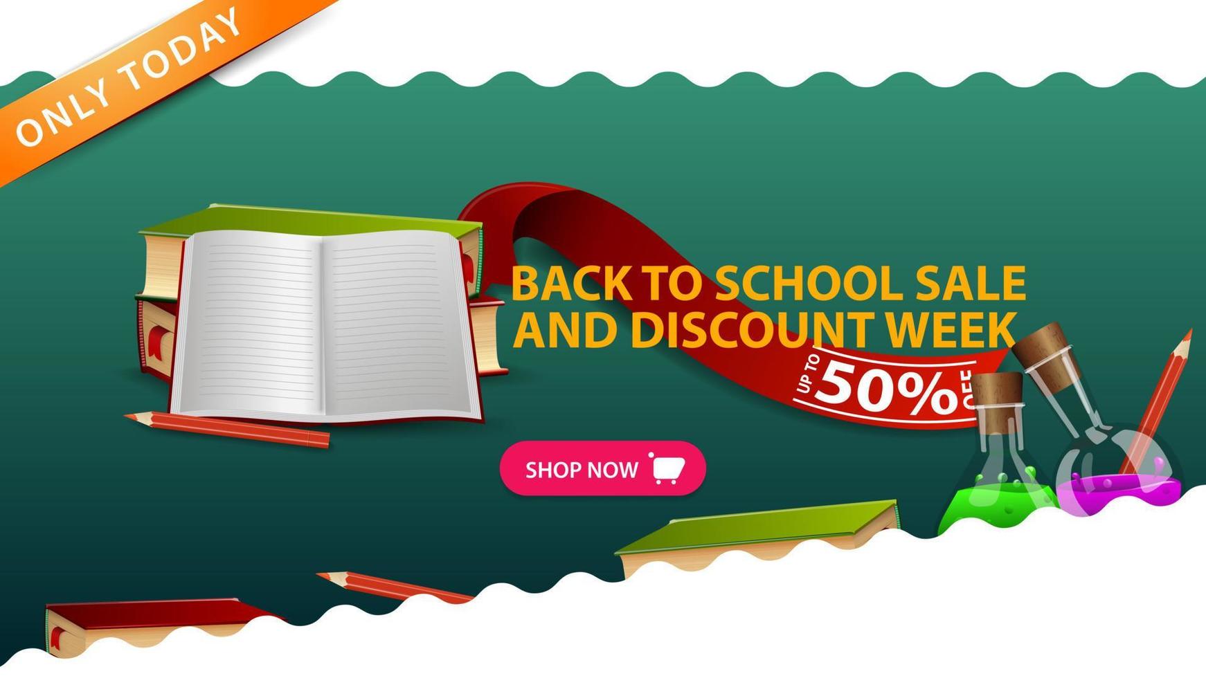 Back to school sale and discount week, green banner with school textbooks and notebook vector