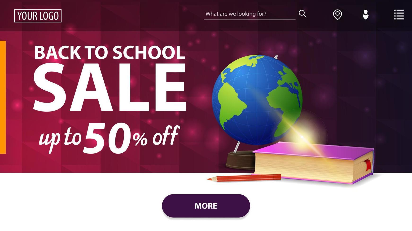 Back to school sale, modern pink horizontal web banner with globe and school textbooks vector