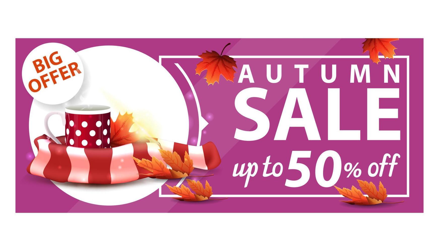 Autumn sale, up to 50 off, pink discount web banner with mug of hot tea and warm scarf vector