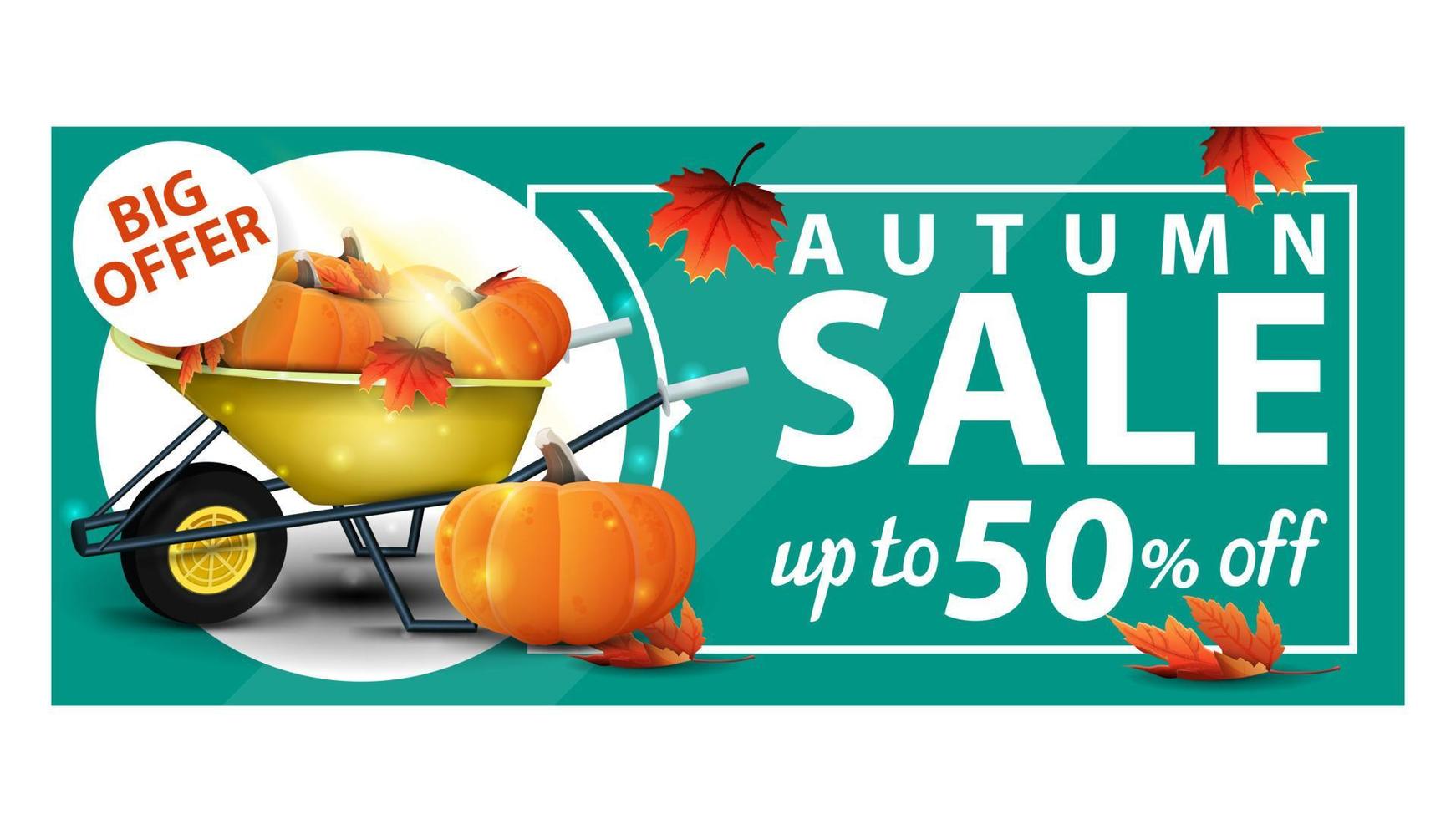 Autumn sale, up to 50 off, green discount web banner with garden wheelbarrow with a harvest of pumpkins and autumn leaves vector