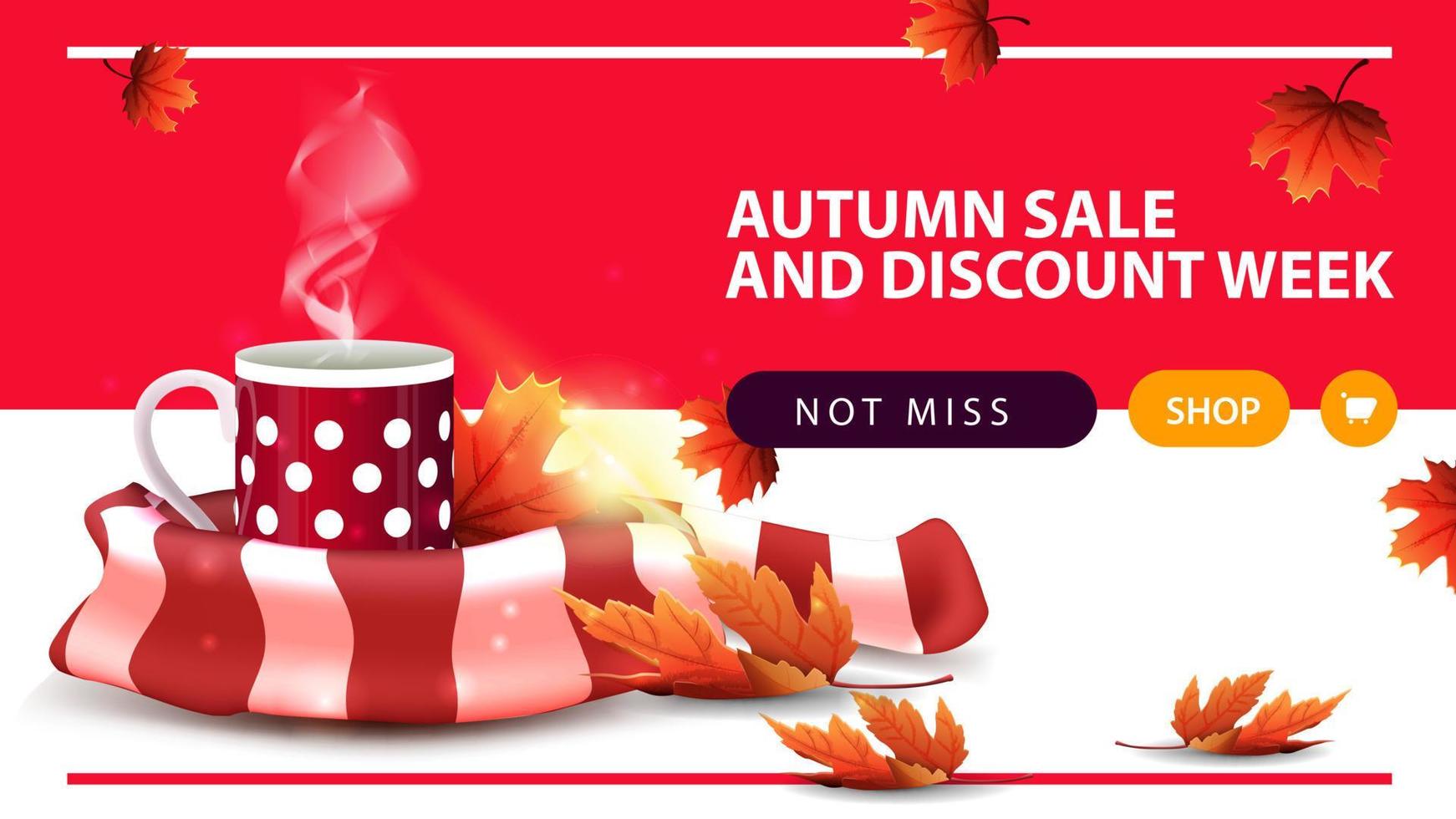 Autumn sale and discount week, horizontal discount web banner with mug of hot tea and warm scarf vector