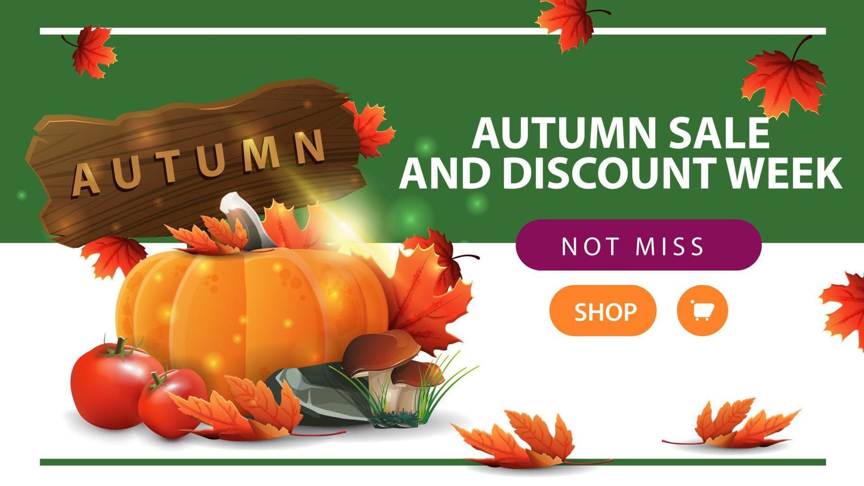 Autumn sale and discount week, horizontal discount web banner with harvest of vegetables and a wooden sign vector