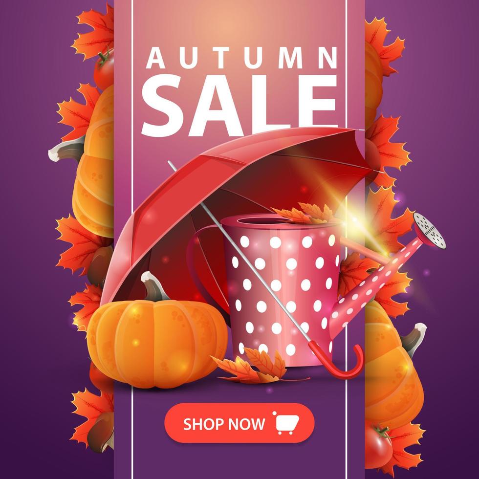 Venta de otoño, banner web con cinta, regadera de jardín, paraguas y calabaza madura. vector