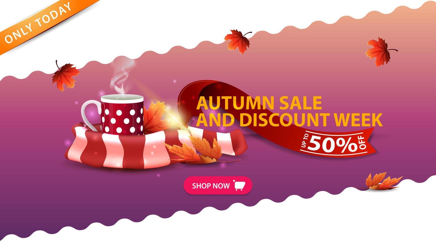 Autumn sale and discount week, pink banner with mug of hot tea and warm scarf vector