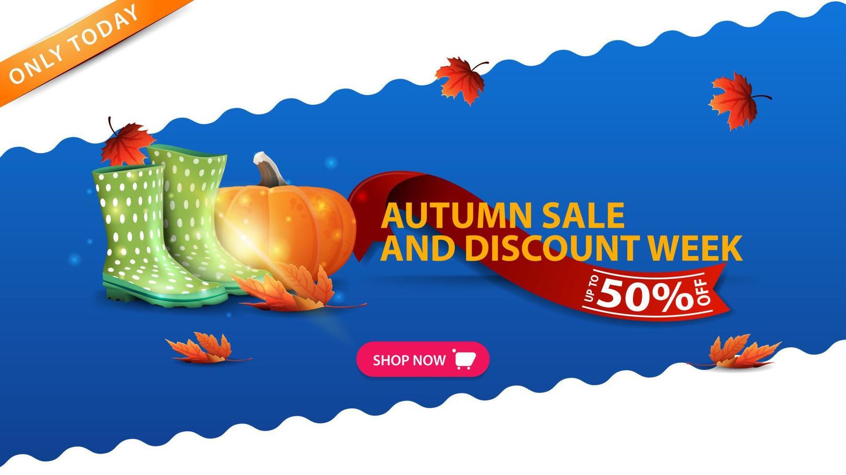 Autumn sale and discount week, blue banner with rubber boots and pumpkin vector