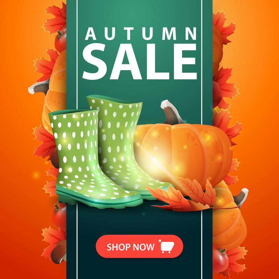 Venta de otoño, banner web con cinta, botas de goma y calabaza. vector