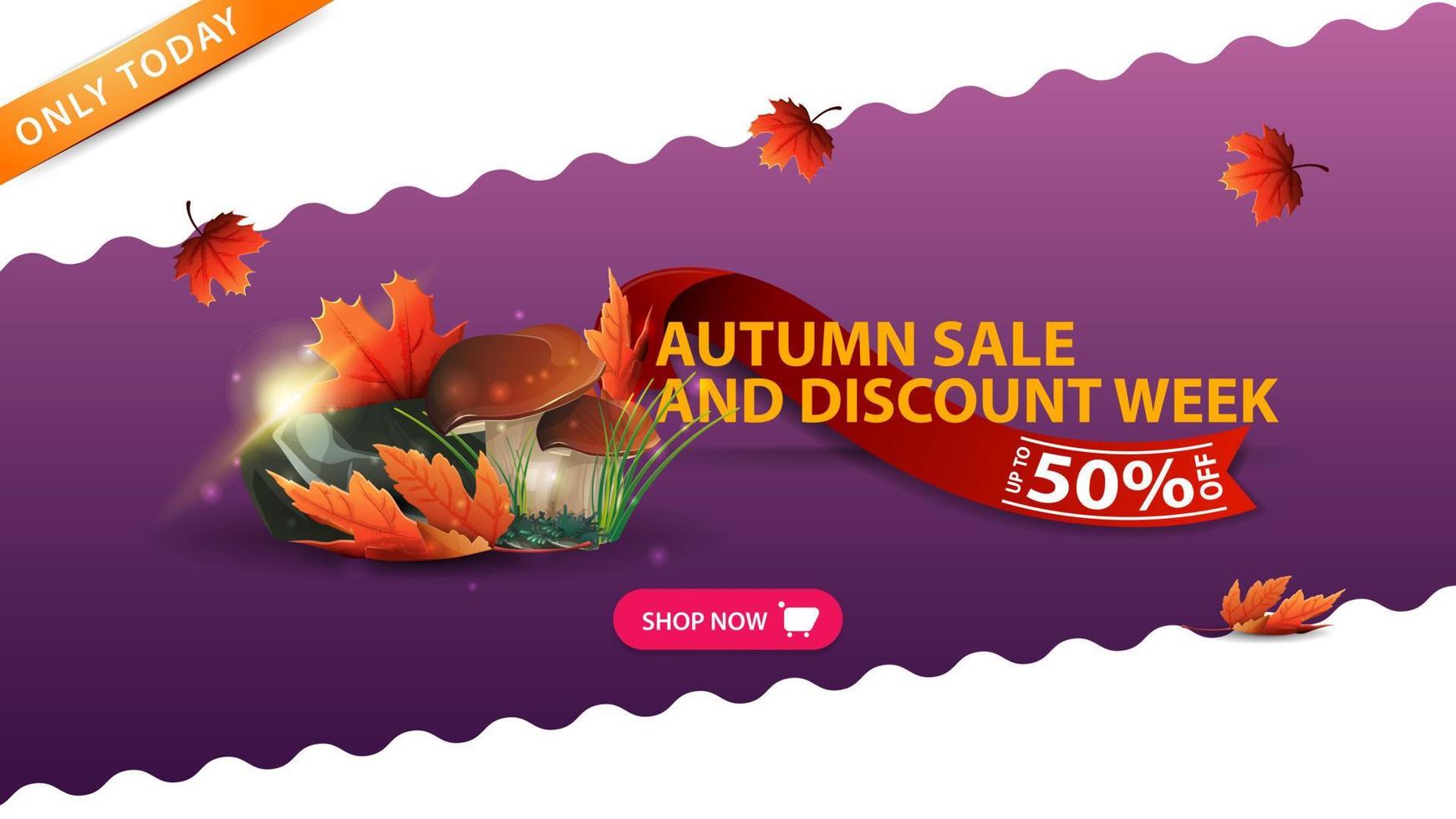 Venta de otoño y semana de descuentos, banner morado con setas y hojas de otoño. vector