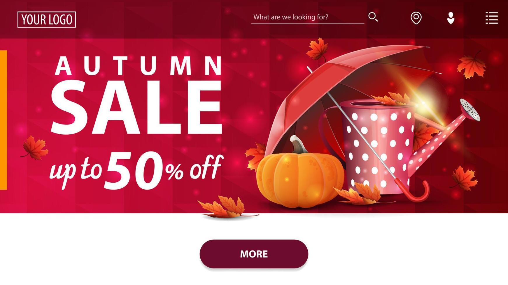 Autumn sale, modern red horizontal web banner with garden watering can, umbrella and ripe pumpkin vector
