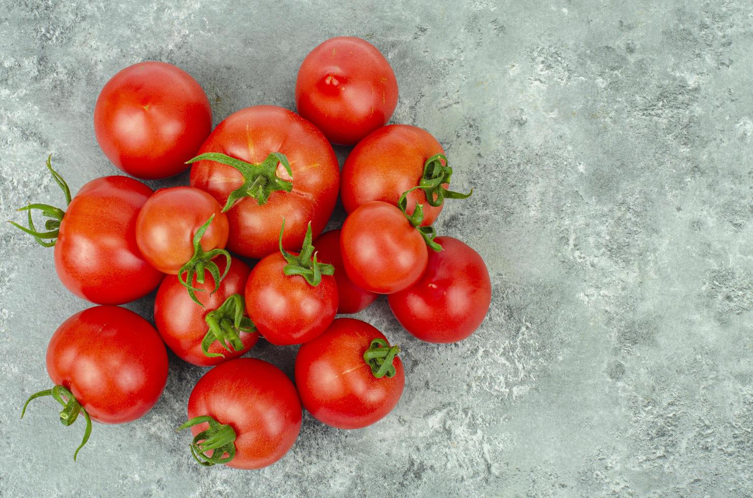 manojo de tomates maduros sobre fondo azul grisáceo. foto de estudio