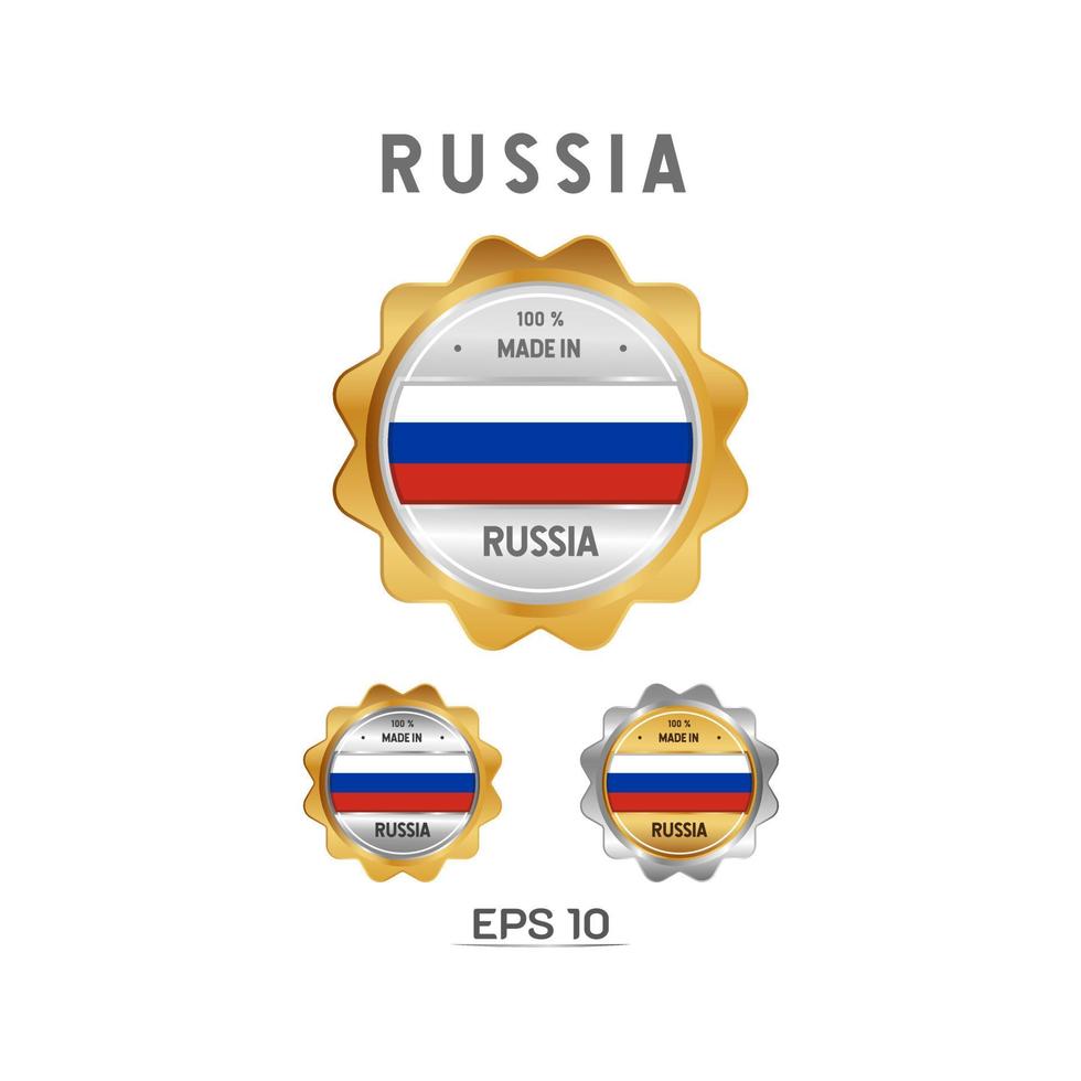 hecho en rusia etiqueta, sello, insignia o logotipo. con la bandera nacional de rusia. en platino, oro y plata. emblema premium y de lujo vector