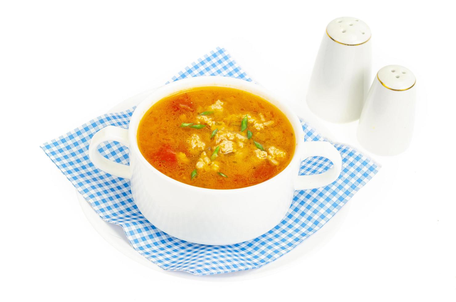 Thick homemade vegetable soup with rice, pumpkin and tomatoes photo