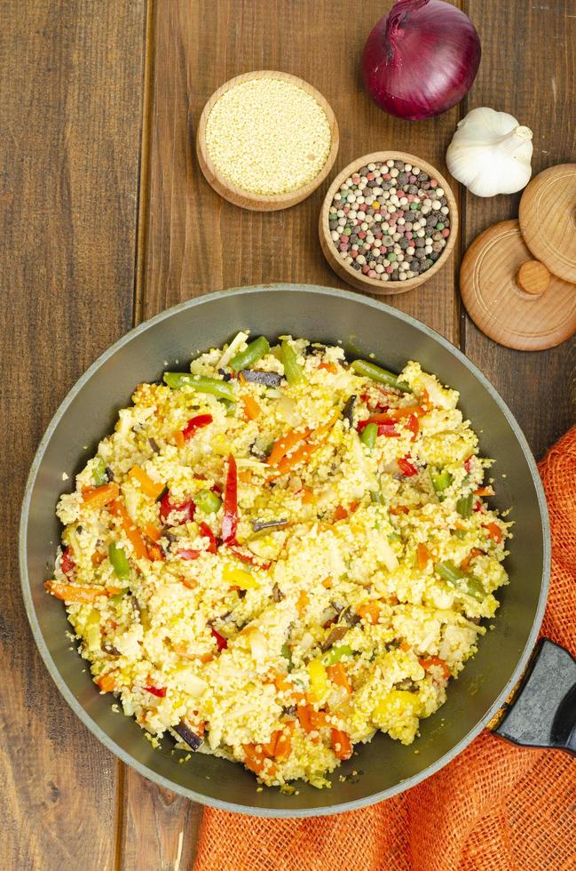 Vegetarian menu. Couscous dishes with vegetables. Photo