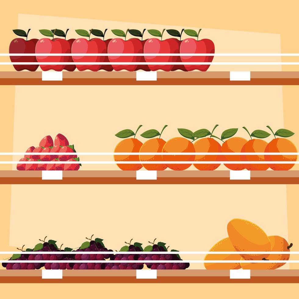 store wooden shelving with fresh fruits vector