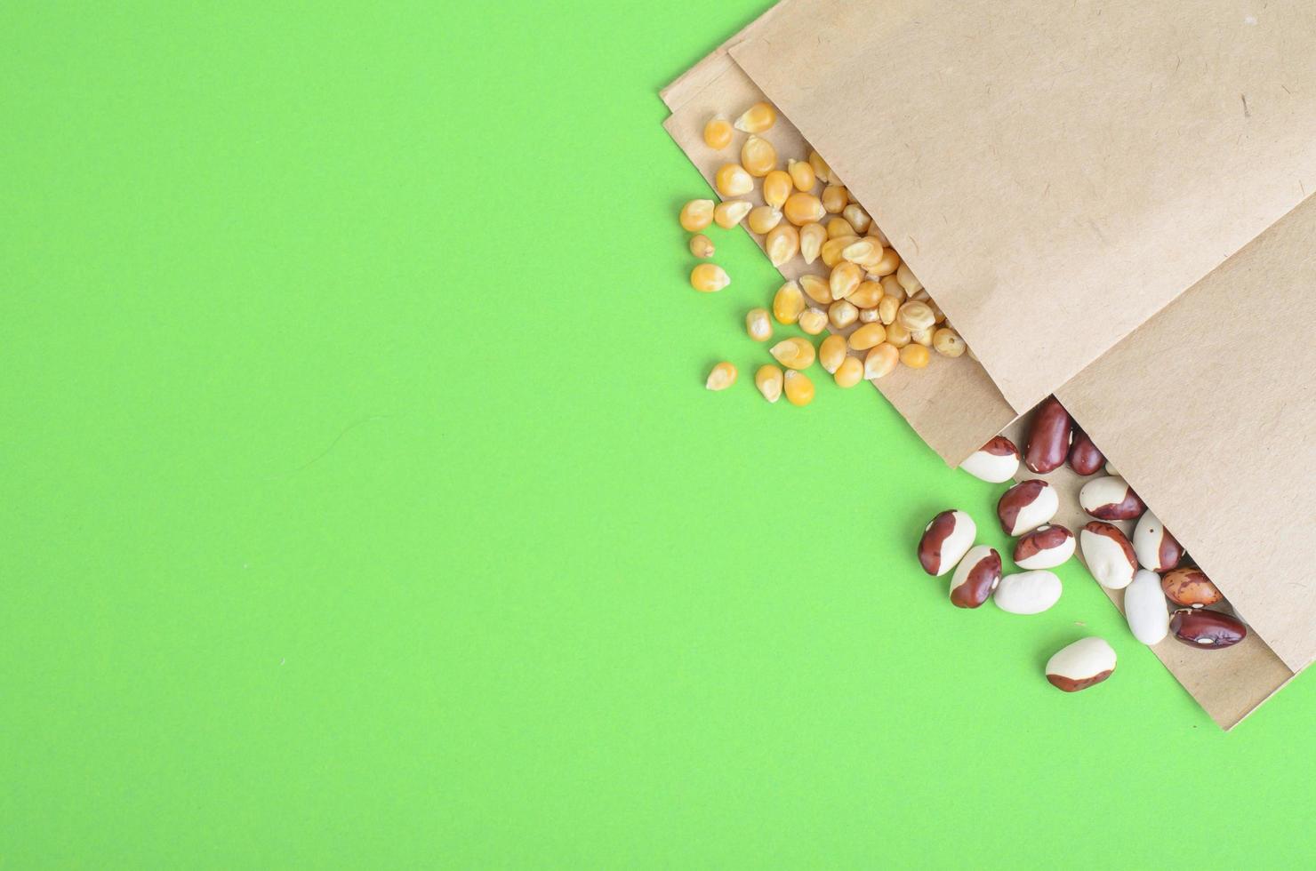 Vegetable seeds in kraft paper bags on bright background photo