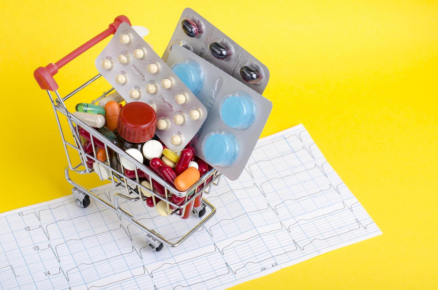 Medicine and health concept. Various medicines in trolley on yellow background photo