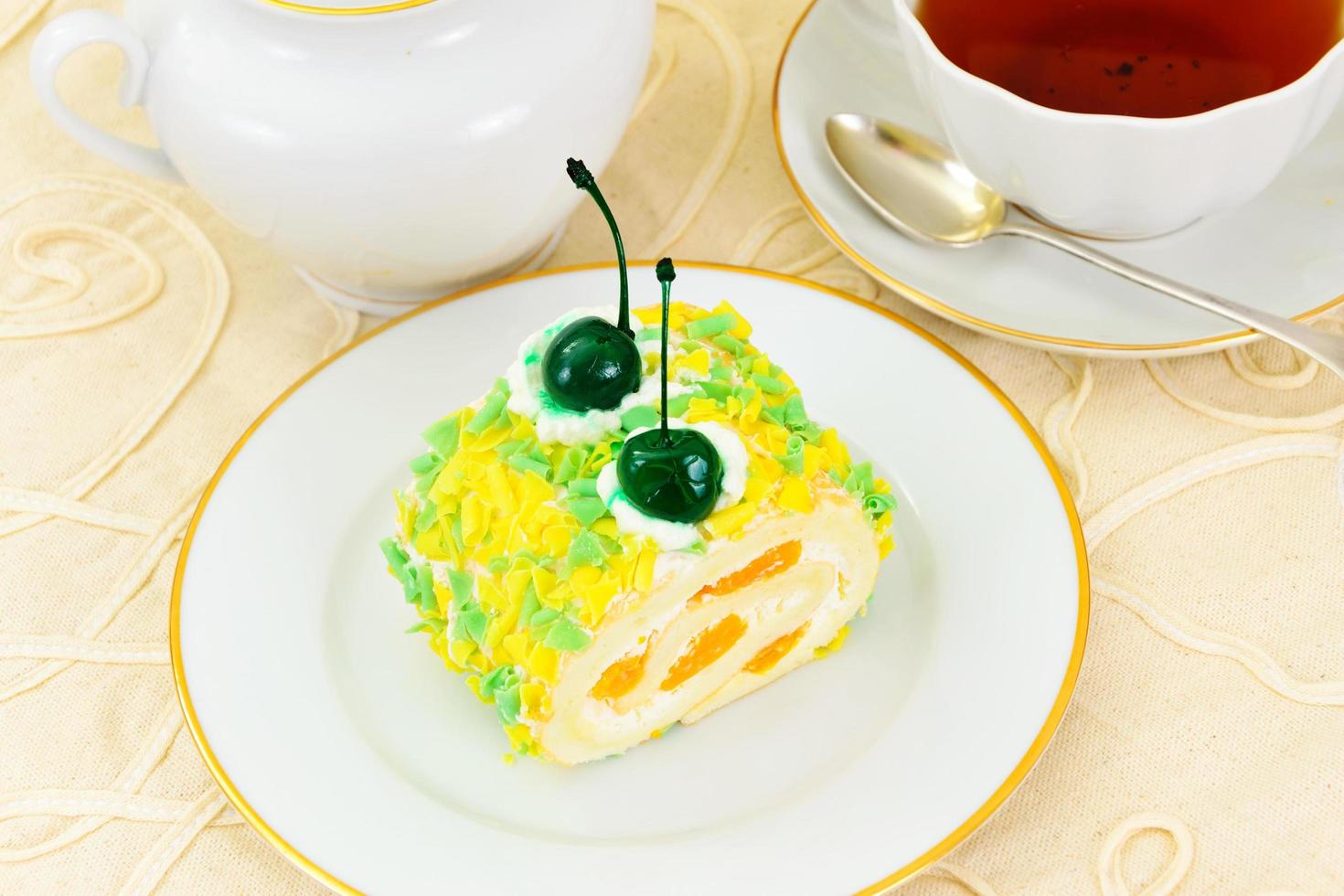 Biscuit and Cake with Mandarin, Whipped Cream. photo