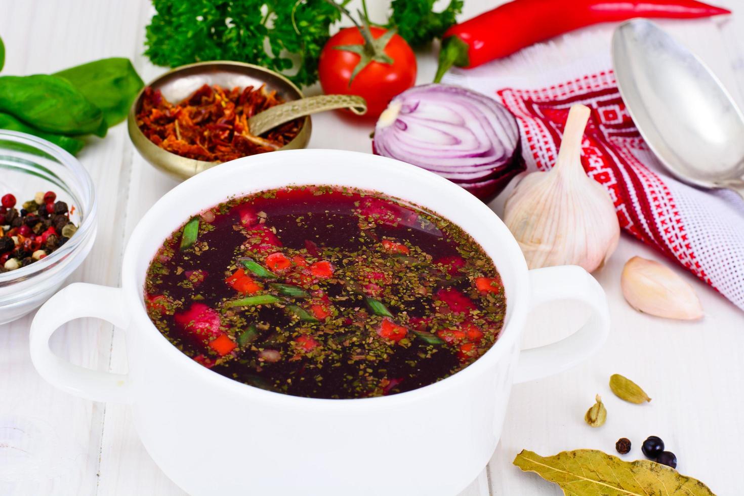 Healthy Food. Soup with Beets, Green Beans and Vegetables photo