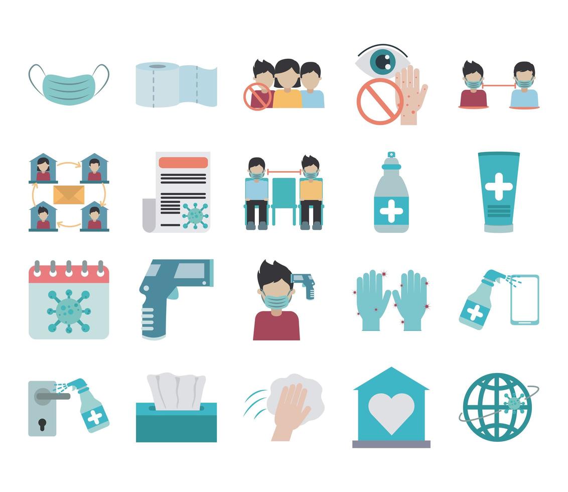 covid 19 coronavirus, prevention outbreak disease pandemic virus icons set flat design icon vector