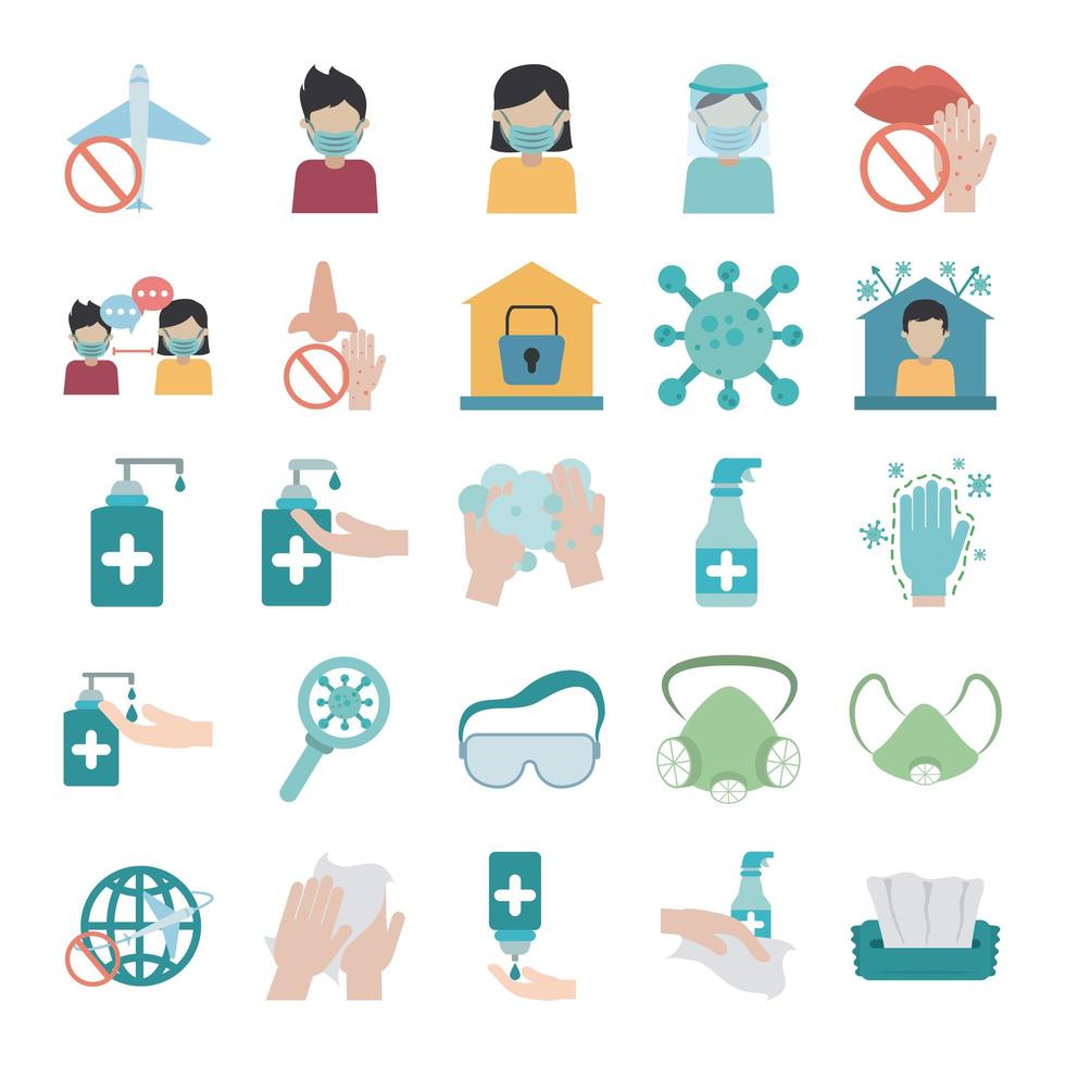 covid 19 coronavirus, prevention outbreak disease pandemic virus icons set flat design icon vector