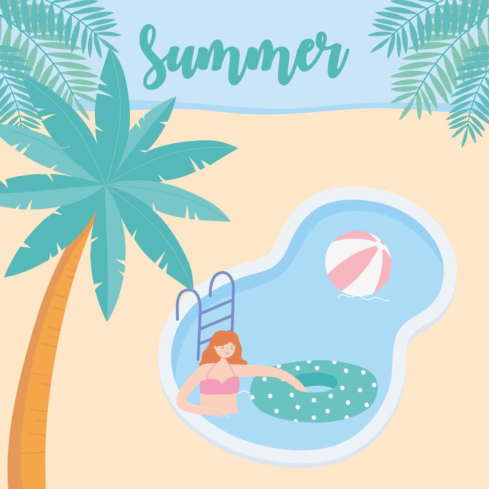 verano, niña, en, piscina, con, pelota, flotador, y, palms, vacaciones, turismo vector