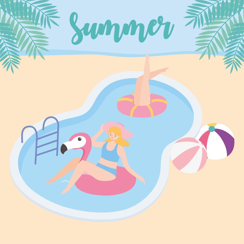 summer time women in pool with balls and flamingo float vacation tourism vector