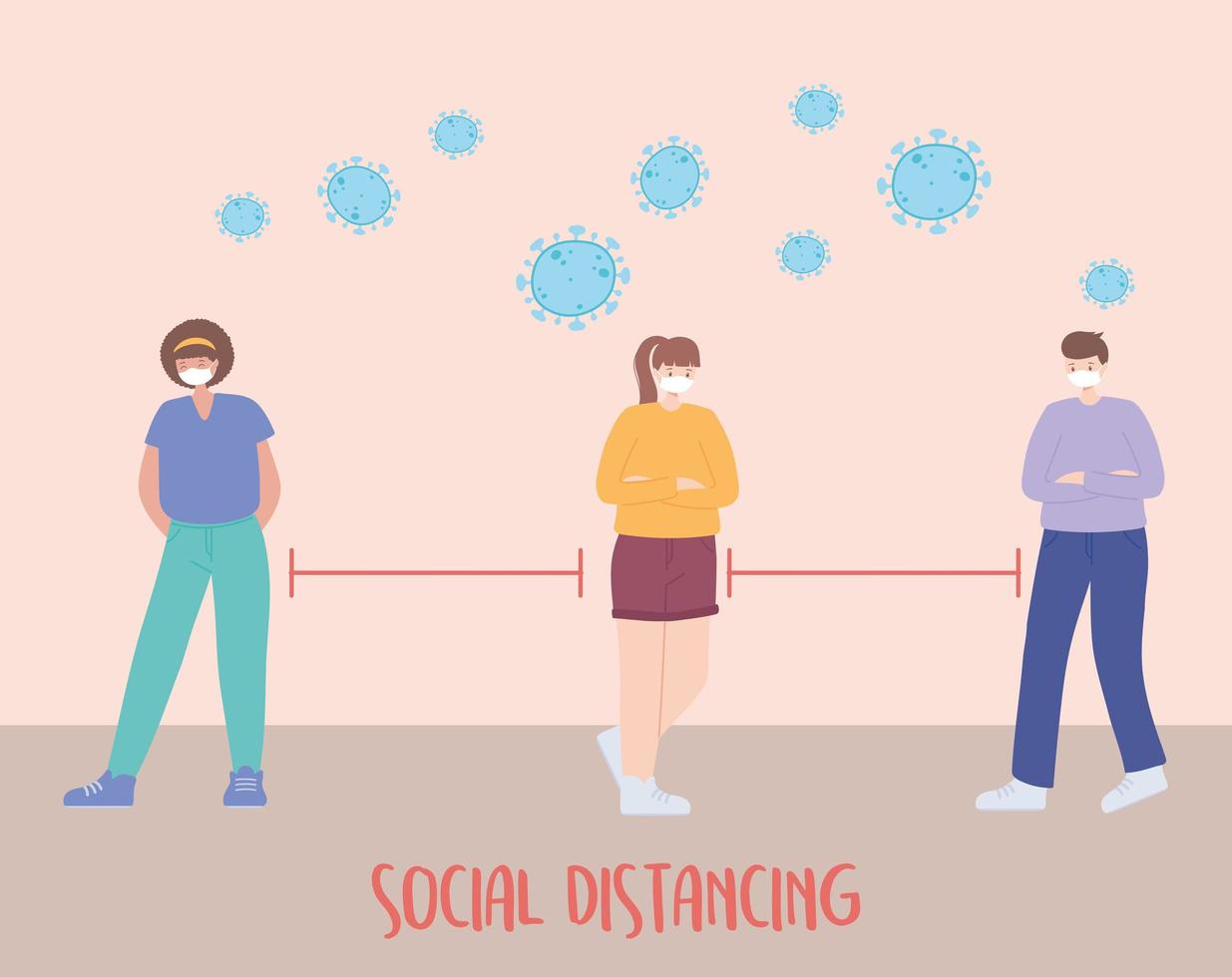 covid 19 coronavirus social distancing prevention, people with face mask keeping distance vector