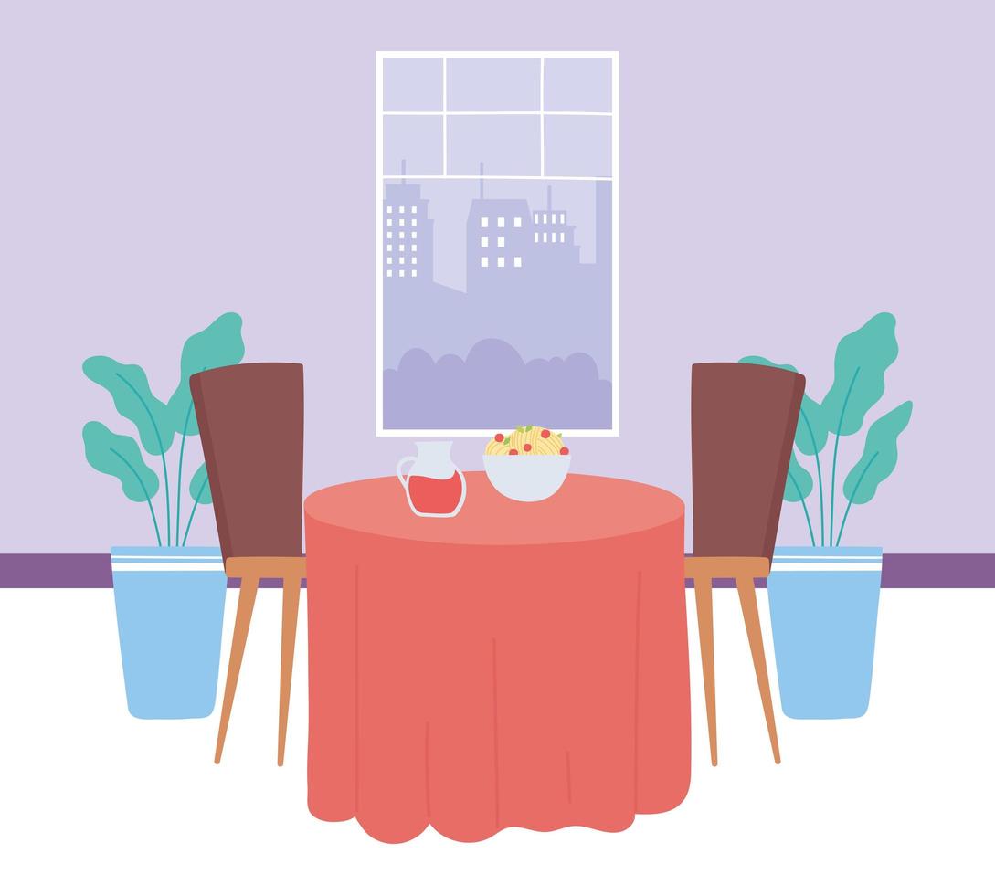 restaurant interior table with food and beverage, window chairs and plants decoration vector