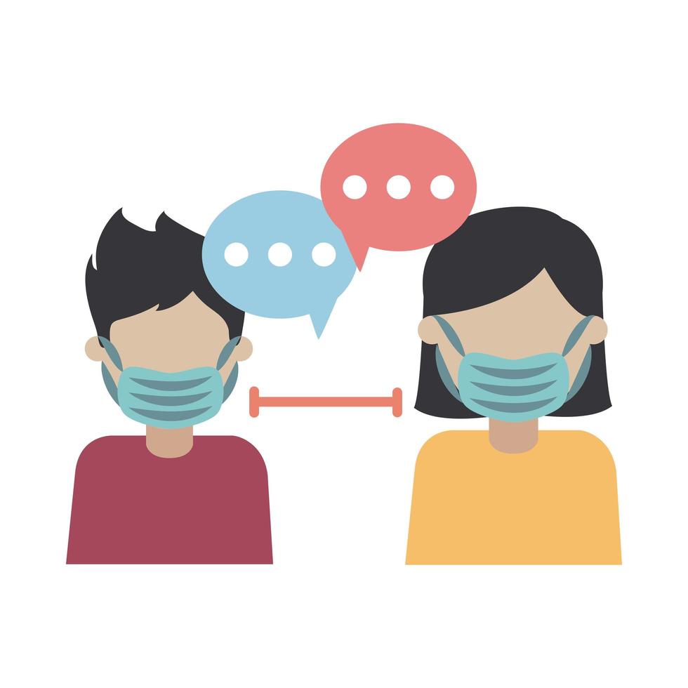 covid 19 coronavirus, man and woman with face mask prevention outbreak disease pandemic flat design icon vector