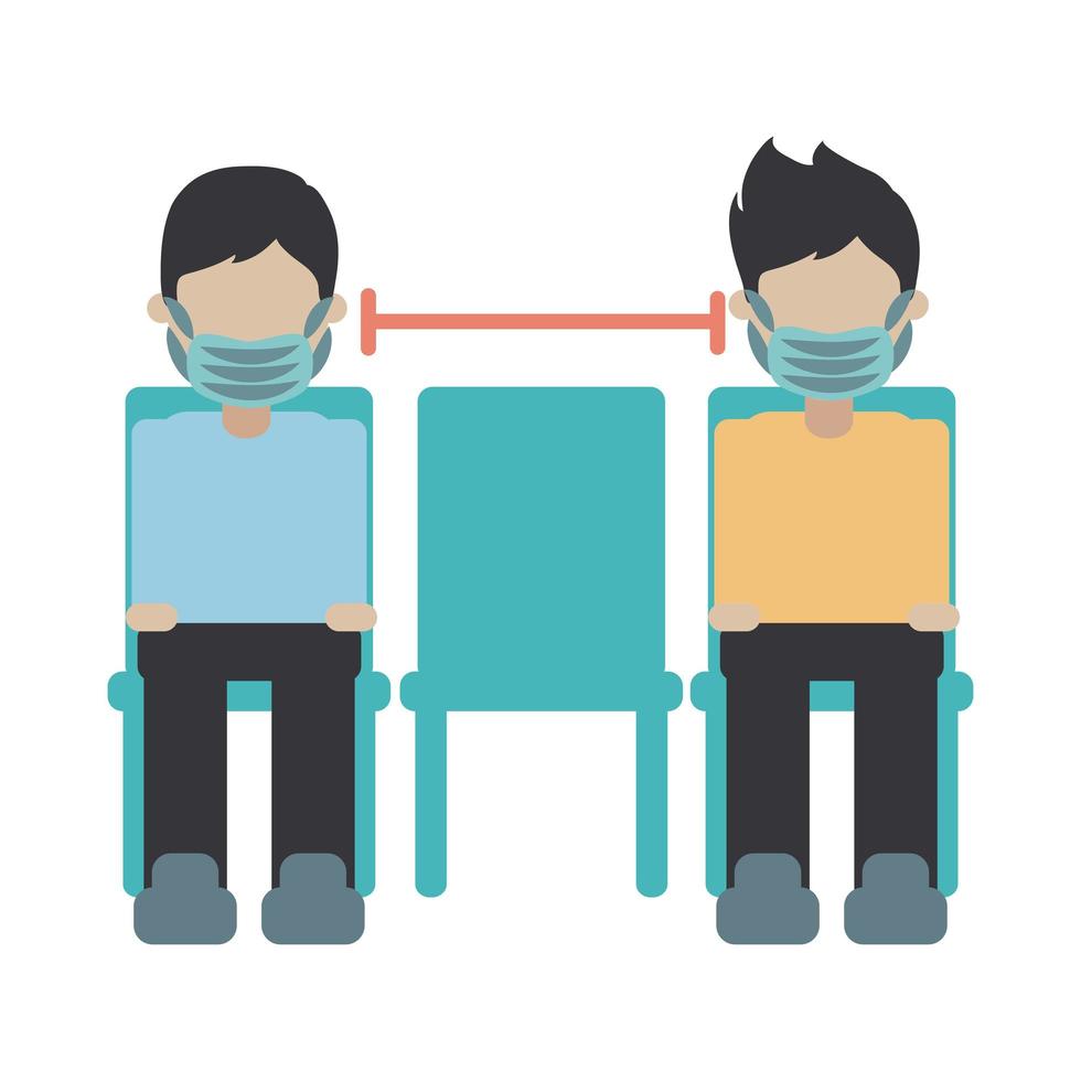 covid 19 coronavirus, social physical distancing sitting in a public chair, prevention outbreak disease pandemic flat design icon vector